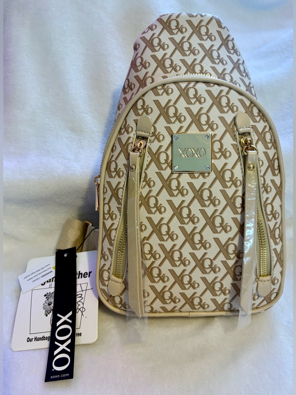 XOXO Cream & Brown Monogram Mini Backpack with Gold Hardware